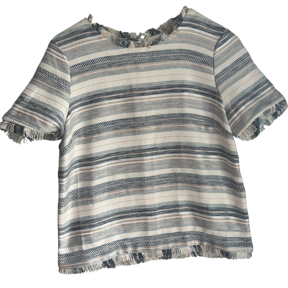 Dolce Cabo Top Coastal Boho Striped Fringe Tencel Blend Resort Shirt Small NWOT
